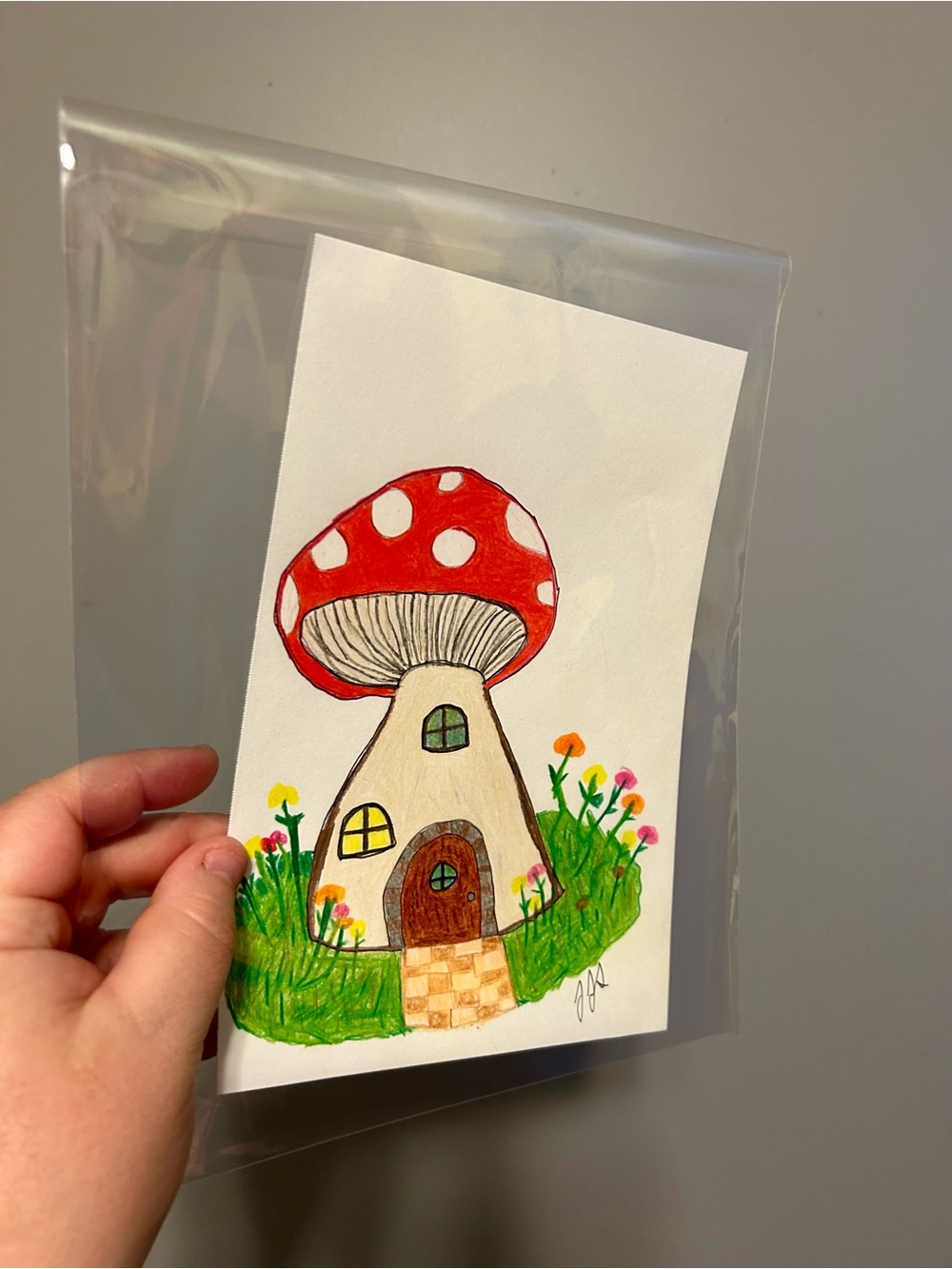 Original Whimsical Mushroom House Illustration Drawing